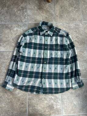 Alaska 1959 Wilderness Gear Green Plaid Diamond Pattern Flannel Shirt Size M